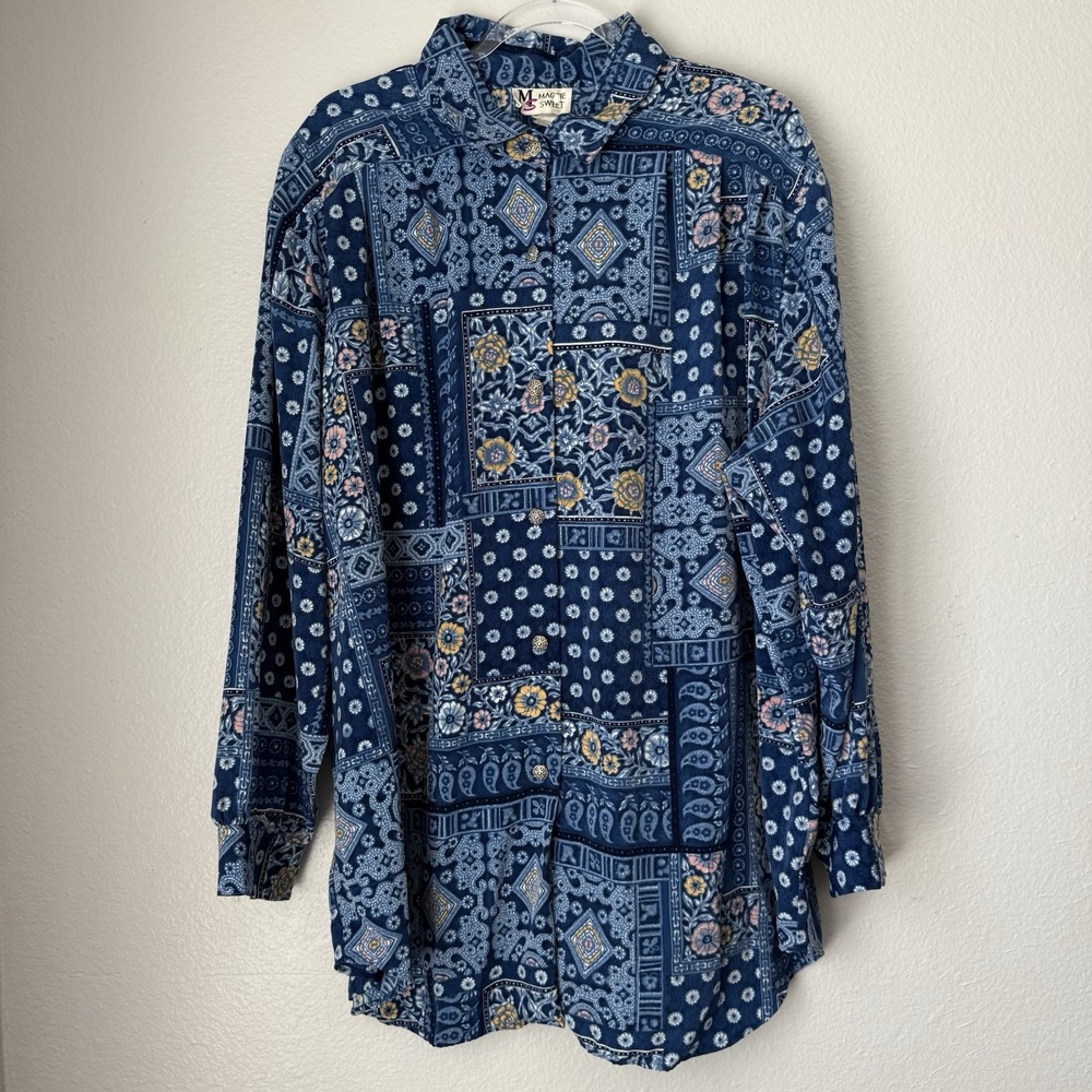 Maggie Sweet Vintage‎ Women's Button Up Shirt 2X Blue Paisley Floral Whimsigoth